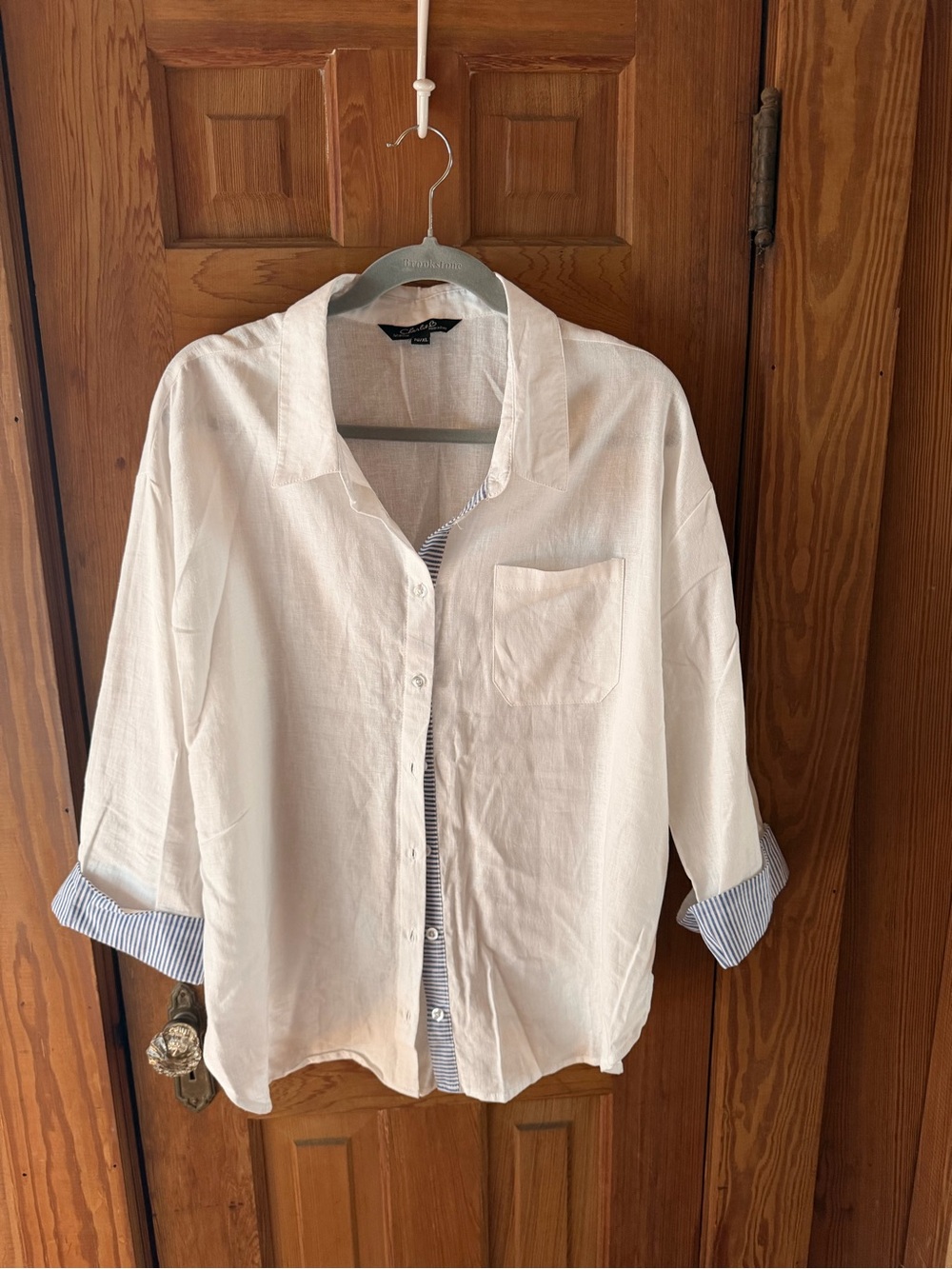 CHARLIE B White Button-Front Blouse with Blue Stripe Trim